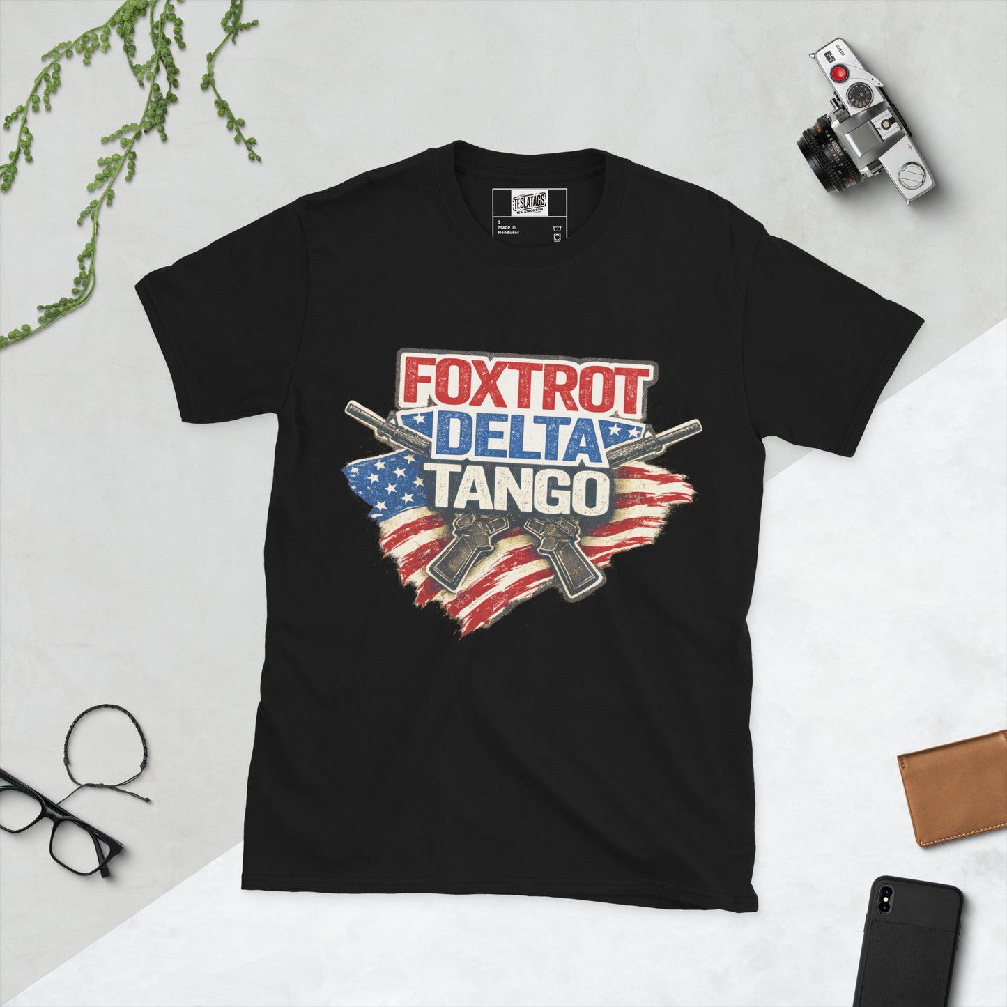 Foxtrot Delta Tango FDT crossed rifles distressed American flag political graphic t-shirt front view black