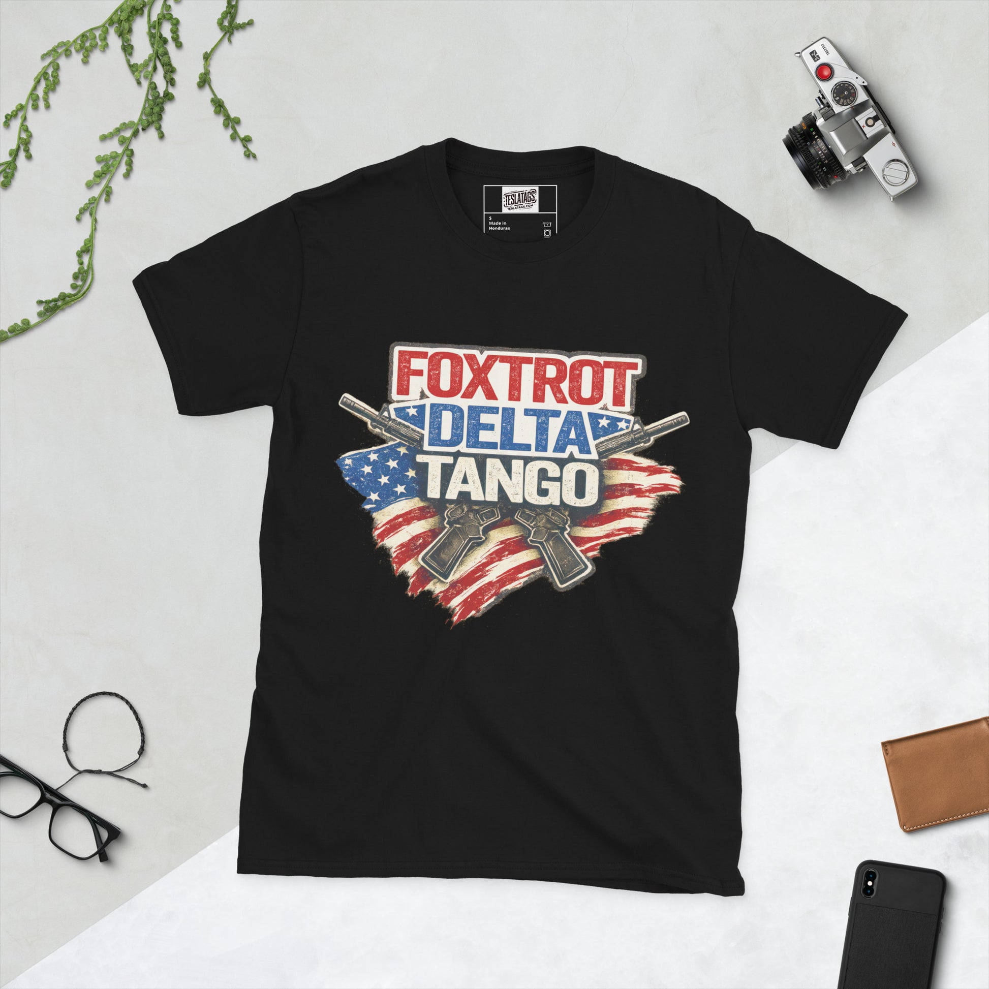 Foxtrot Delta Tango FDT crossed rifles distressed American flag political graphic t-shirt front view black