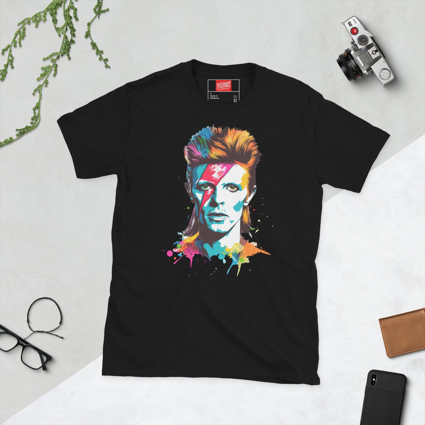 David Bowie Ziggy Stardust pop art portrait teal orange pink paint splatter graphic t-shirt front view black