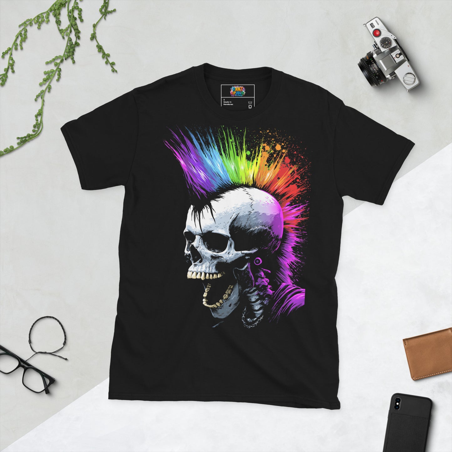 Punk skull skeleton shirt rainbow mohawk colorful graphic tee black edgy dark art