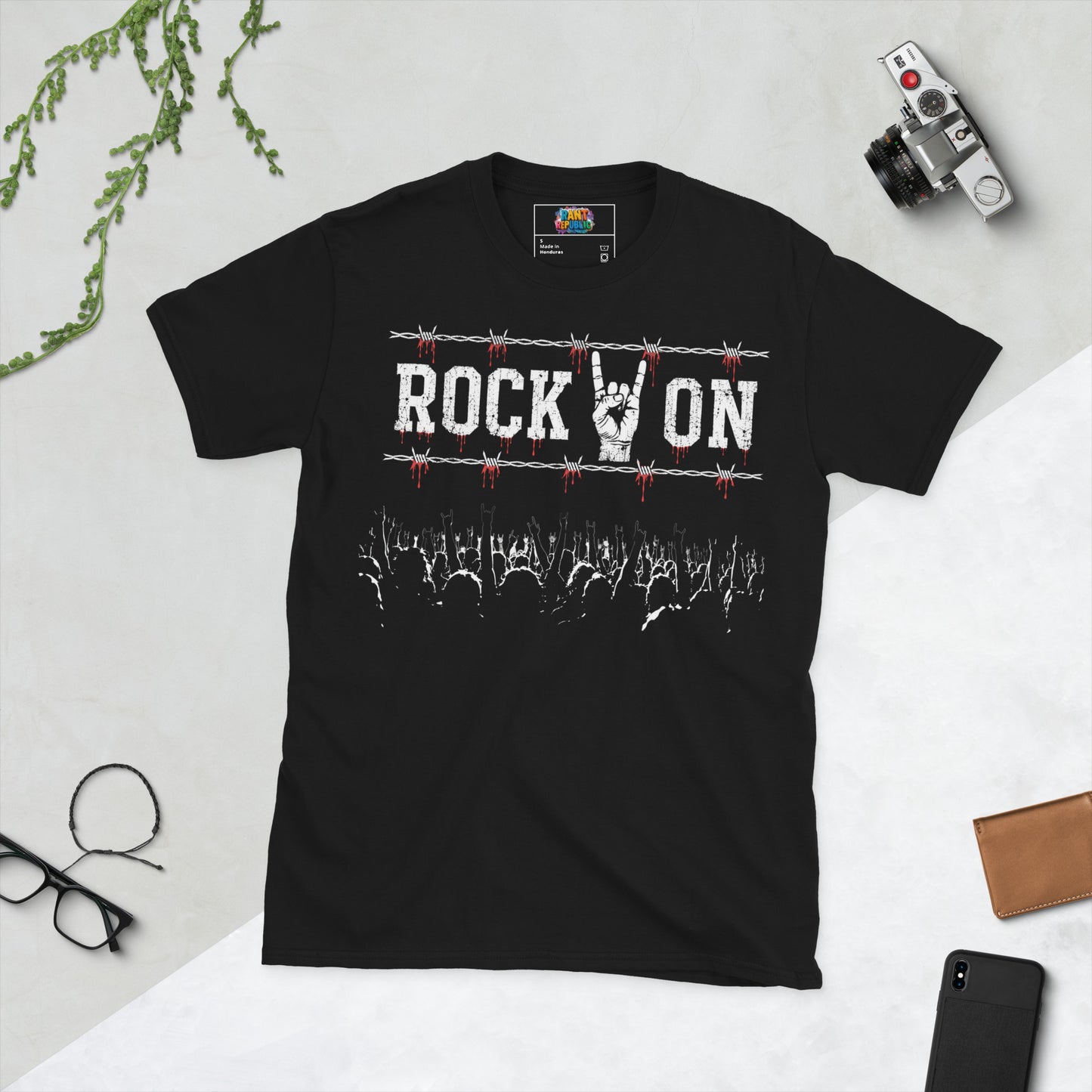 Rock on shirt barbed wire blood drip devil horns hand concert crowd silhouette distressed text black tee heavy metal graphic design