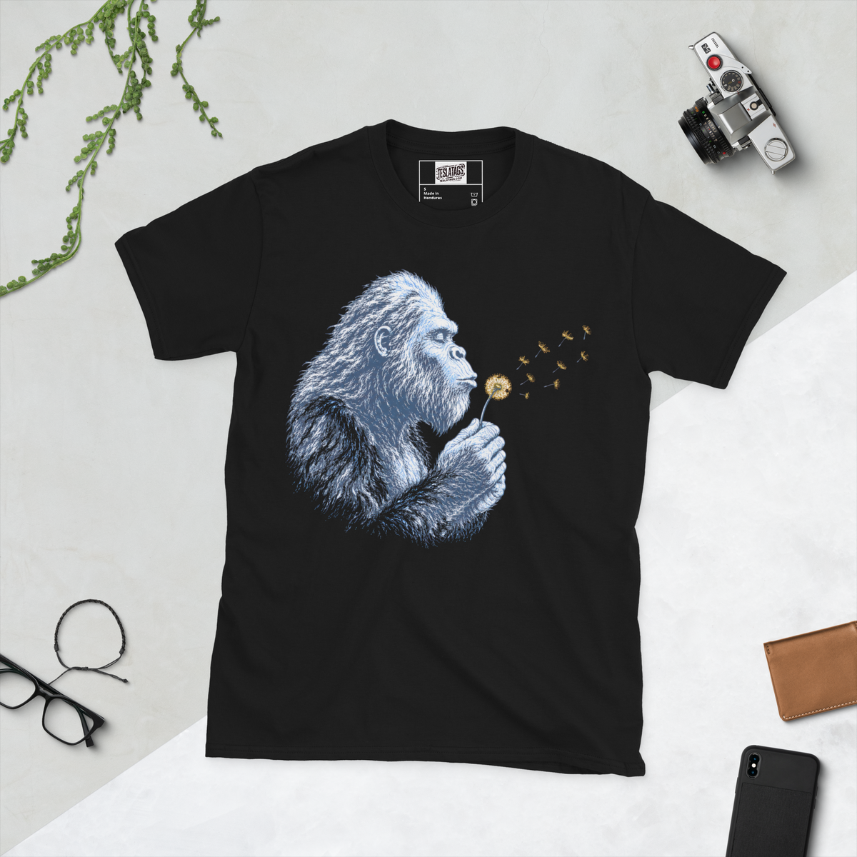 Gorilla dandelion shirt black and white wildlife art gorilla blowing dandelion seeds graphic black tee nature lover animal art design