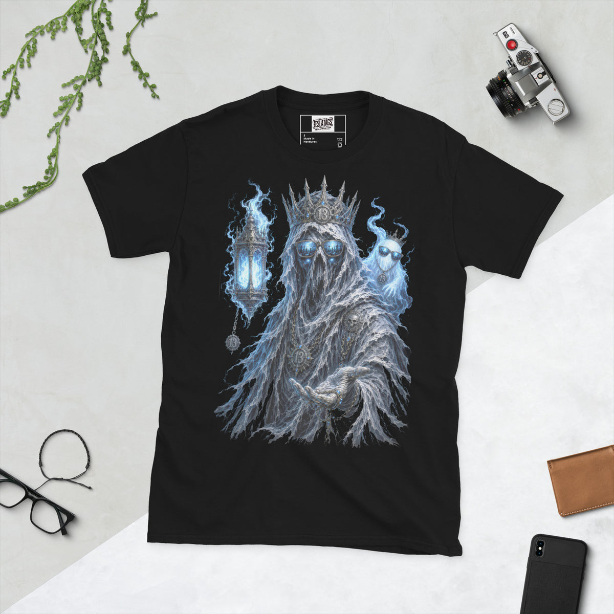 ghost king t-shirt, black graphic tee, hooded specter illustration, spiked crown design, glowing blue lantern, gothic sunglasses graveyard reflection, spectral companion graphic, halloween horror tee, gothic streetwear design, unisex crew neck shirt