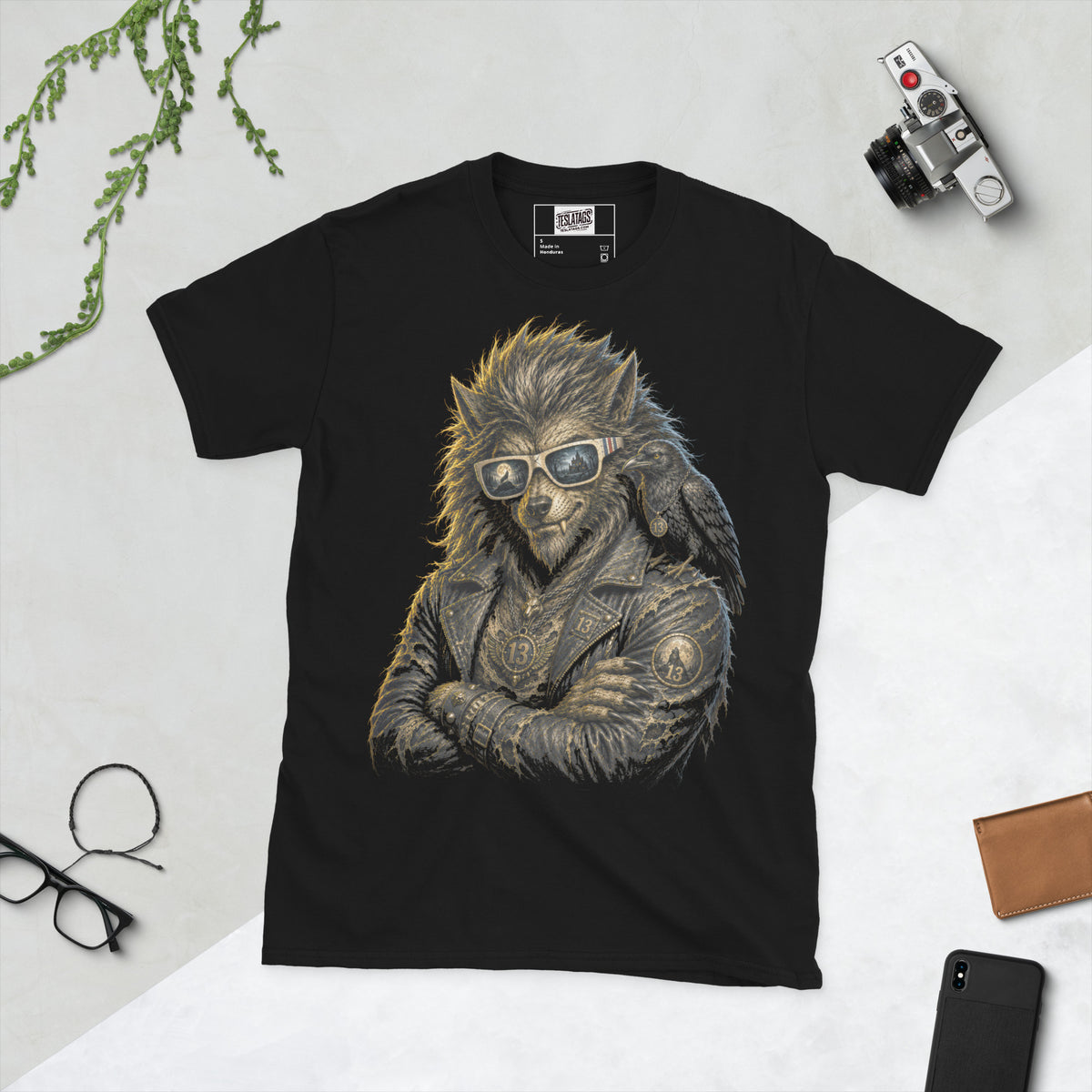 werewolf t-shirt, black graphic tee, biker wolf illustration, leather jacket wolf design, retro sunglasses moon reflection, raven companion graphic, halloween biker tee, gothic wolf pack design, rocker streetwear tee, unisex crew neck shirt