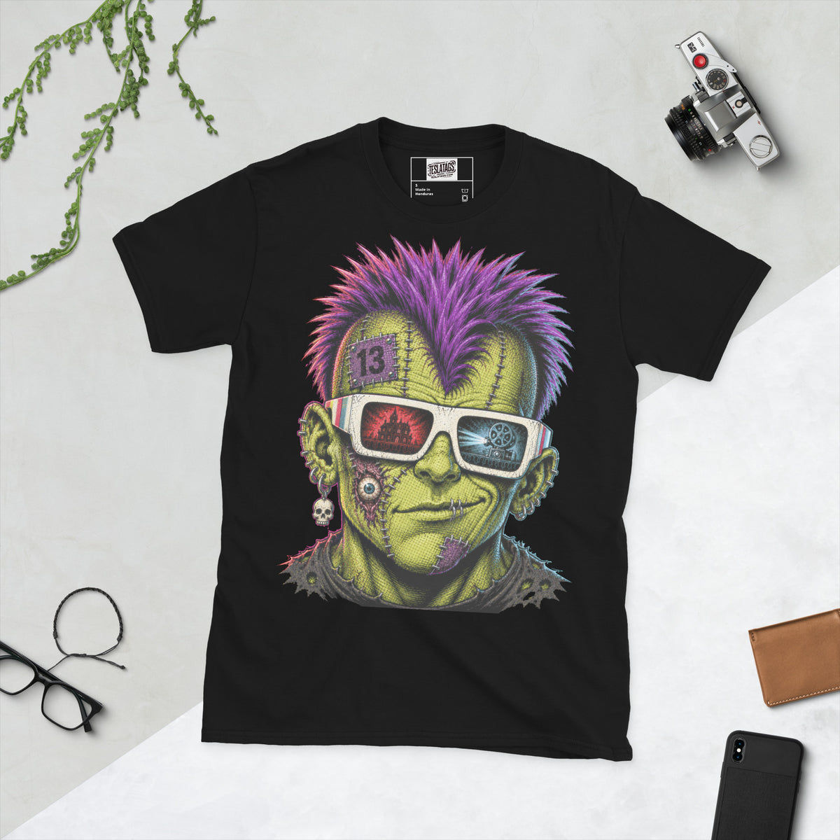 punk monster t-shirt, black graphic tee, stitched green face illustration, purple mohawk design, retro 3d glasses reflection, skull earring graphic, patchwork monster tee, halloween horror shirt, gothic streetwear design, unisex crew neck shirt