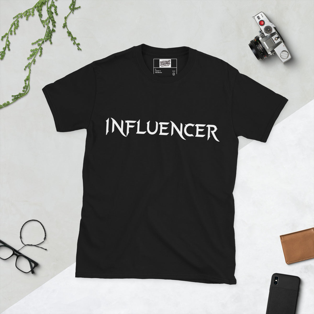 influencer t-shirt, black graphic tee, gothic metal font design, bold white typography, black metal band style lettering, statement tee design, gothic streetwear design, ironic streetwear graphic, content creator tee, unisex crew neck shirt