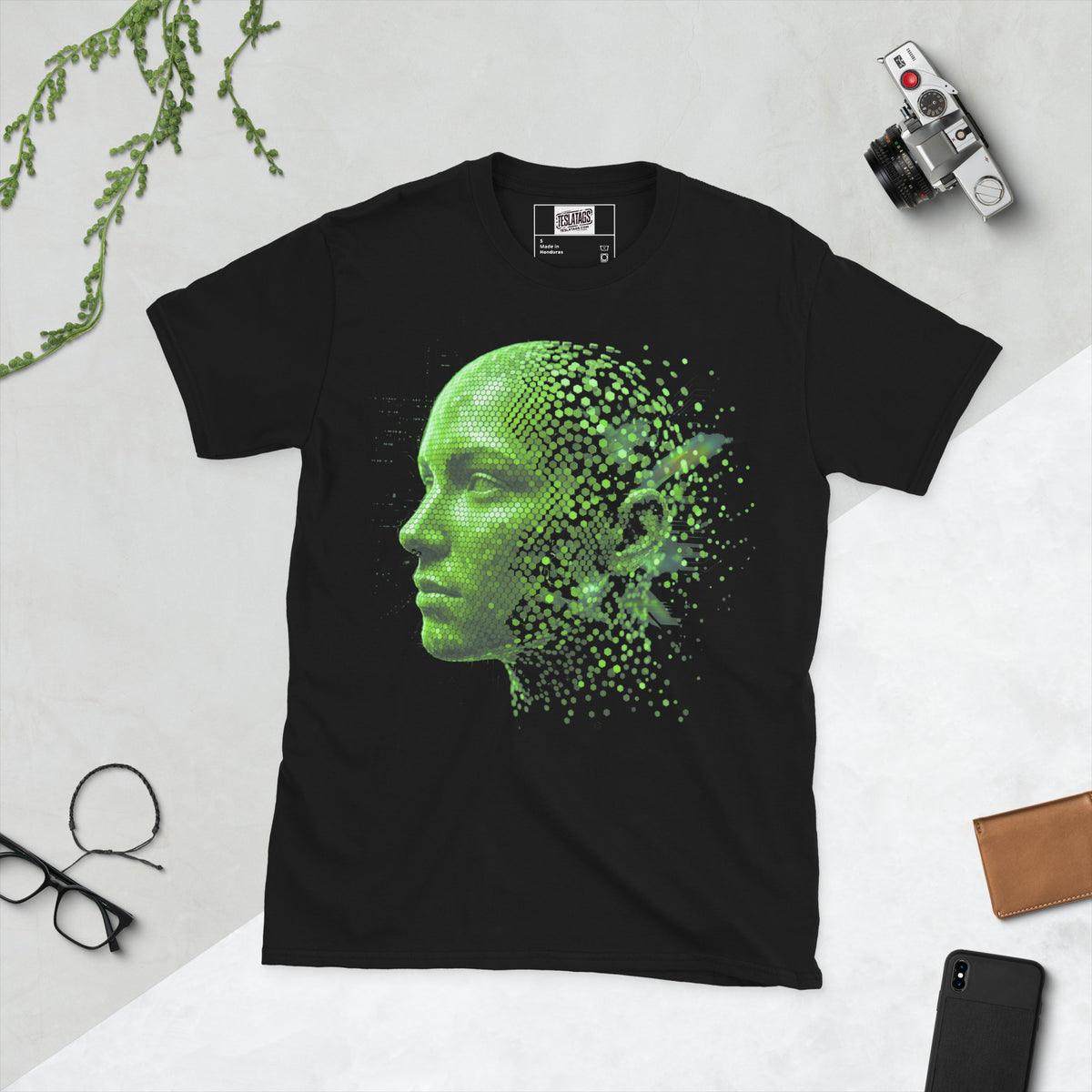 digital face t-shirt, black graphic tee, green pixelated portrait design, cyberpunk ai illustration, fragmented data particle graphic, circuit board background design, futuristic tech tee, sci fi streetwear shirt, hacker aesthetic design, unisex crew neck shirt
