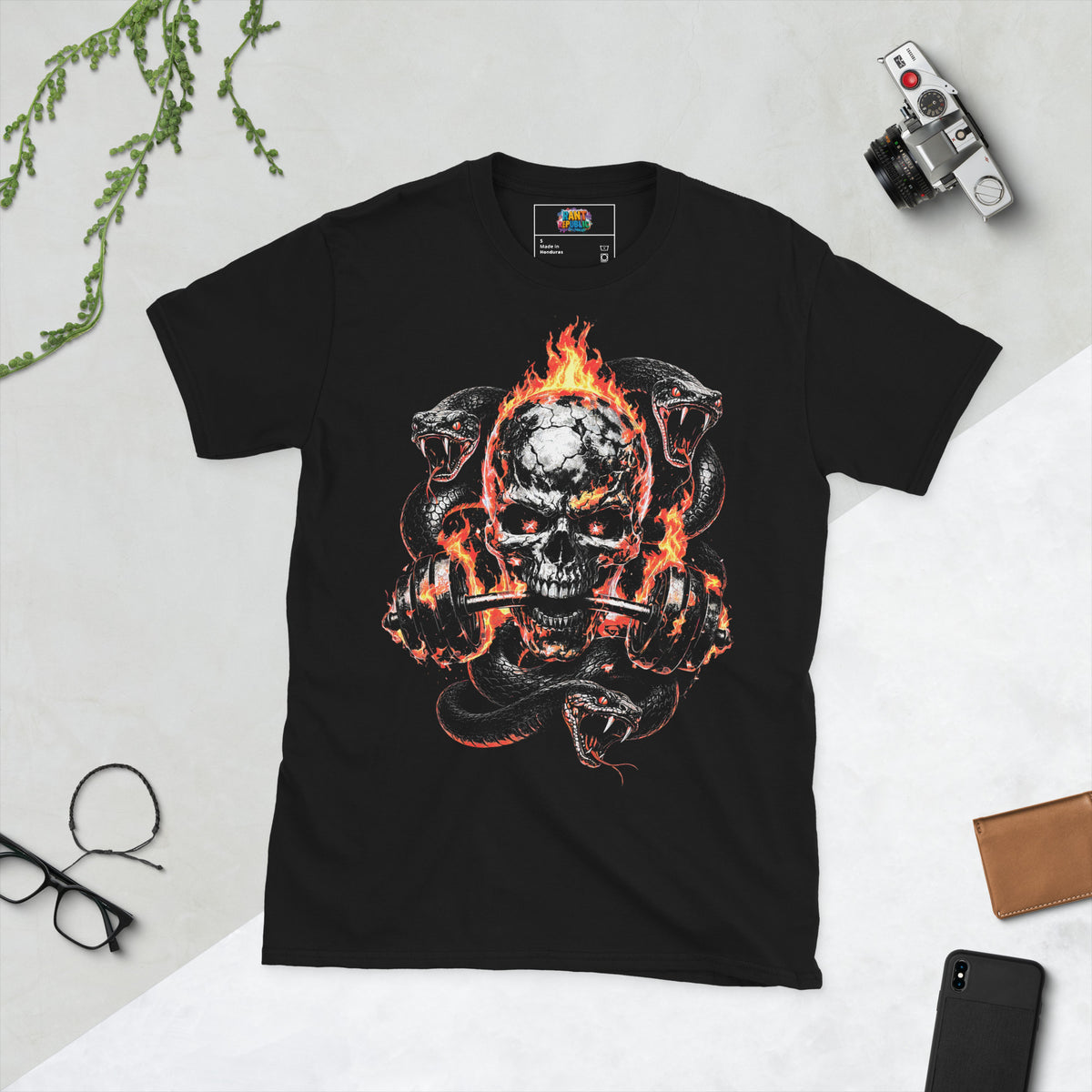 venom skull t-shirt, black graphic tee, flaming skull graphic design, three snake gym illustration, skull and barbell design, fire effect print, gym motivation shirt, horror fitness graphic, powerlifting streetwear design, unisex crew neck shirt