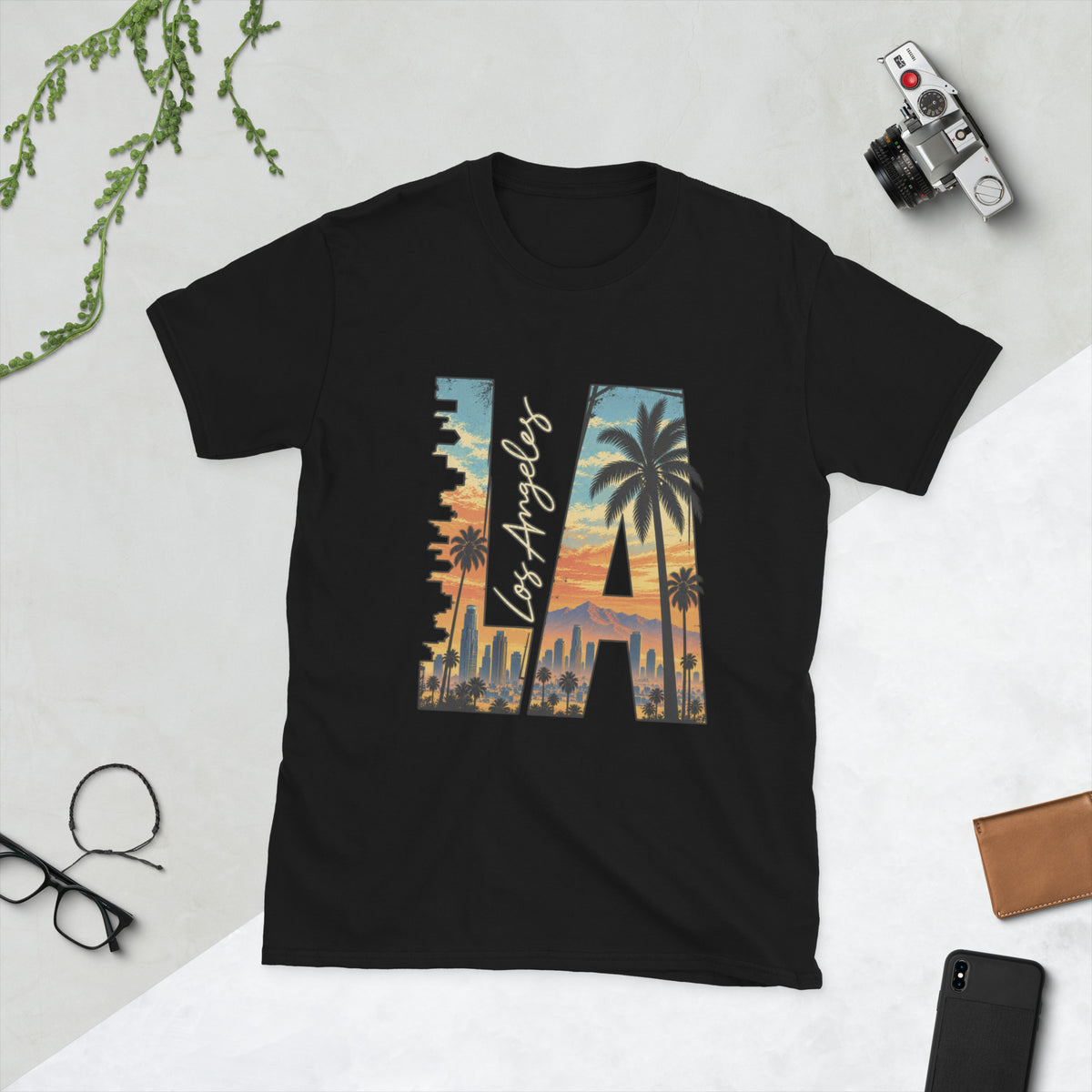 los angeles t-shirt, black graphic tee, la letterform skyline design, downtown los angeles sunset graphic, palm tree cityscape illustration, west coast streetwear shirt, city of angels print design, sunset skyline art, vintage travel style graphic, unisex crew neck shirt