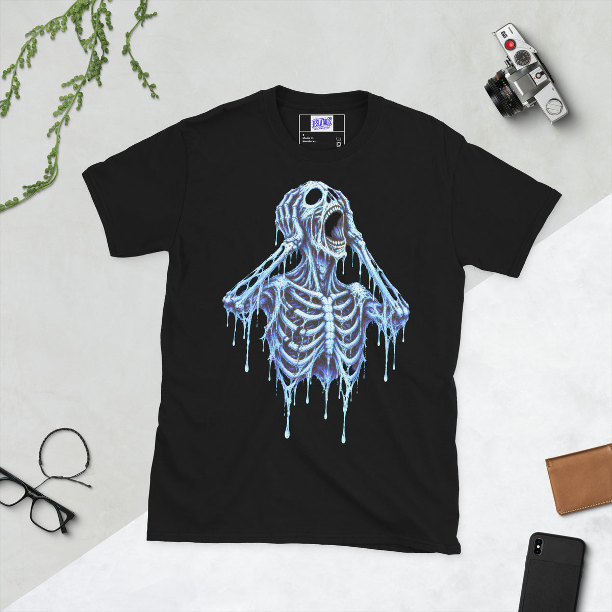 icy scream t-shirt, black graphic tee, screaming skeleton illustration, skull face dripping ice design, horror skeleton graphic print, blue drip skull art, gothic horror streetwear shirt, frozen nightmare graphic, the scream parody pose, unisex crew neck shirt