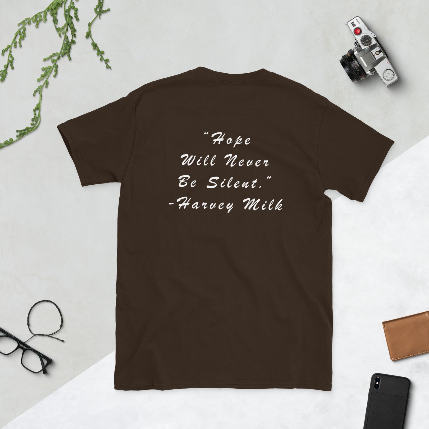 Pride shirt back design Harvey Milk quote script lettering LGBTQ tee