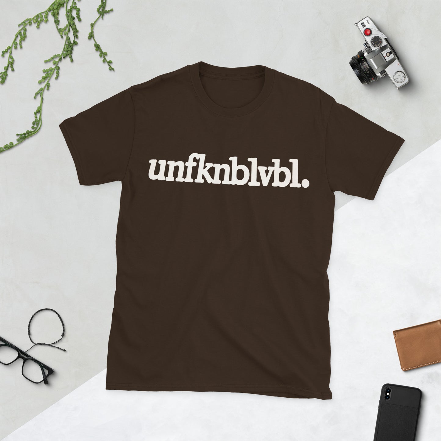 Unfknblvbl bold slang typography minimalist dark chocolate graphic t-shirt front view