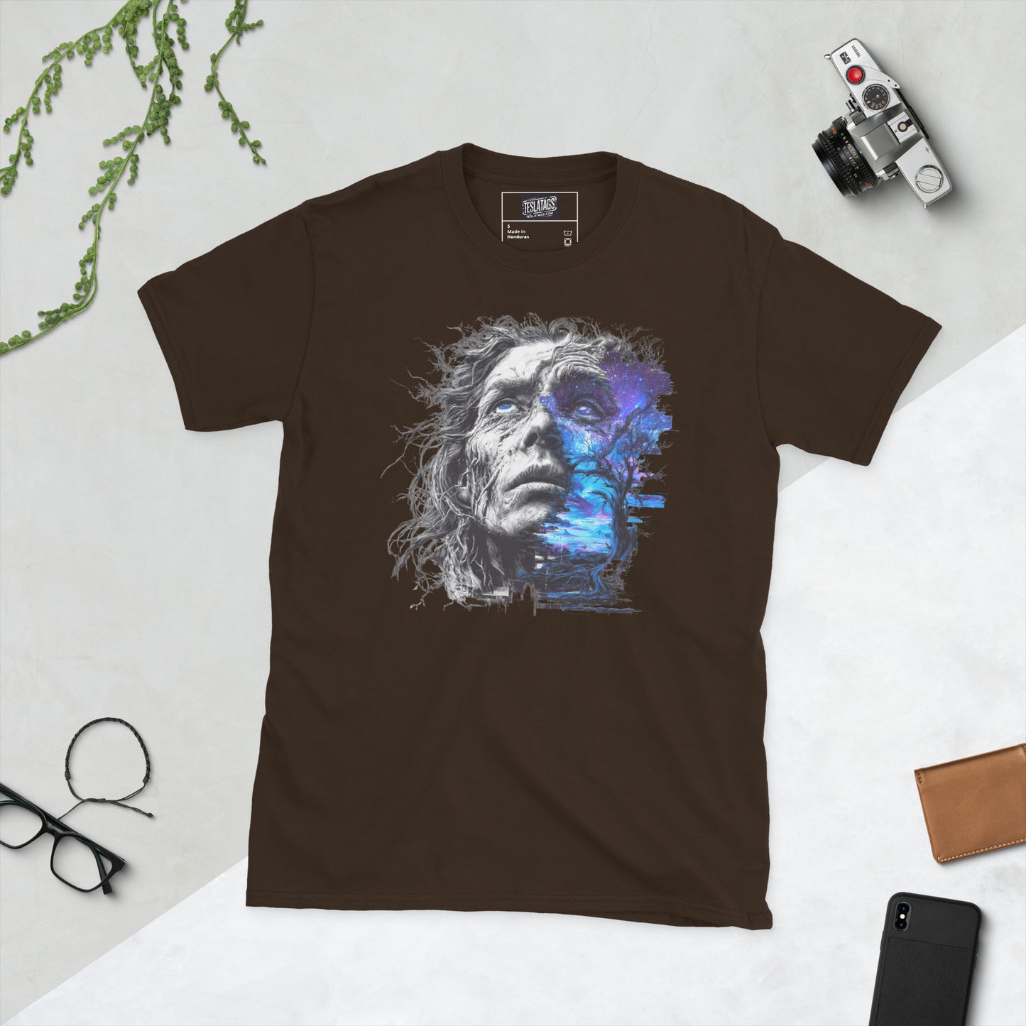 Roots of the Infinite cosmic blue purple double exposure portrait dark. chocolate  graphic t-shirt front view