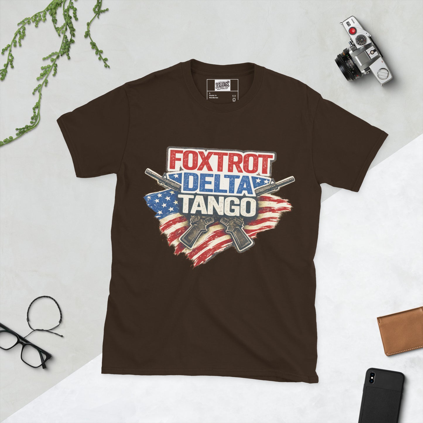 Foxtrot Delta Tango FDT crossed rifles distressed American flag political graphic t-shirt front view dark chocolate