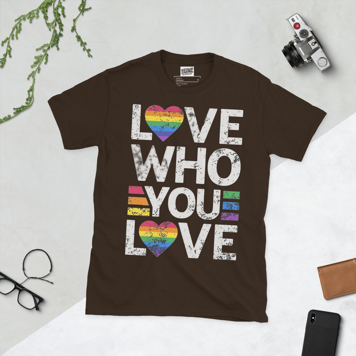 Pride month shirt chocolate tee rainbow heart love who you love graphic front