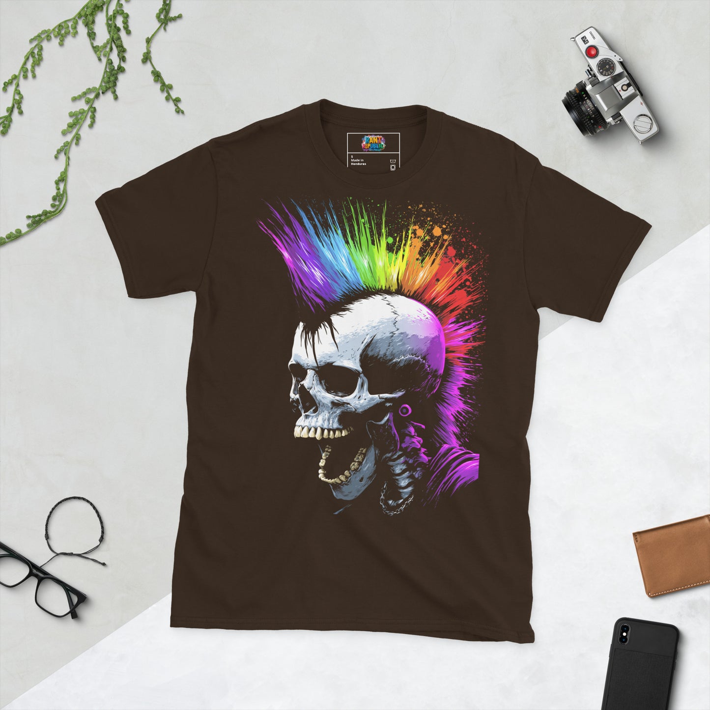 Punk skull skeleton shirt rainbow mohawk colorful graphic tee chocolate edgy dark art