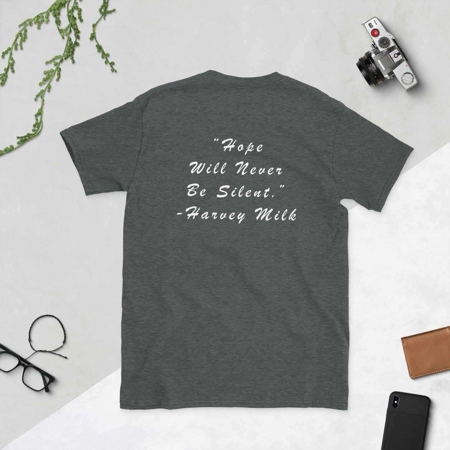 Pride shirt back design Harvey Milk quote script lettering LGBTQ tee
