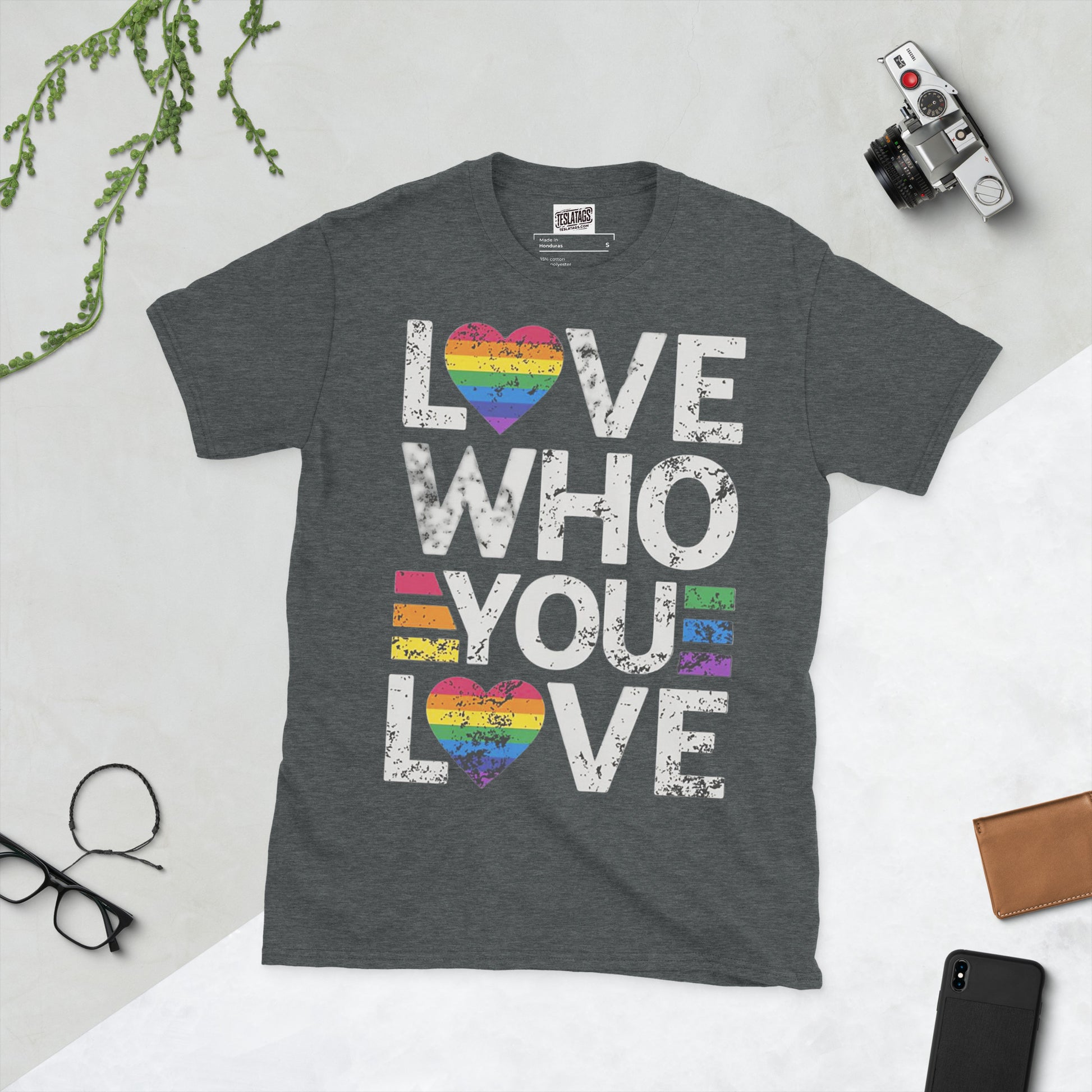 Pride month shirt dark heather tee rainbow heart love who you love graphic front