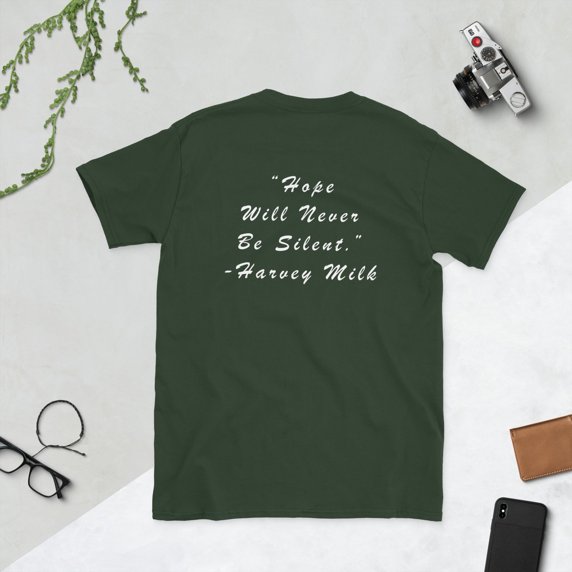 Pride shirt back design Harvey Milk quote script lettering LGBTQ tee
