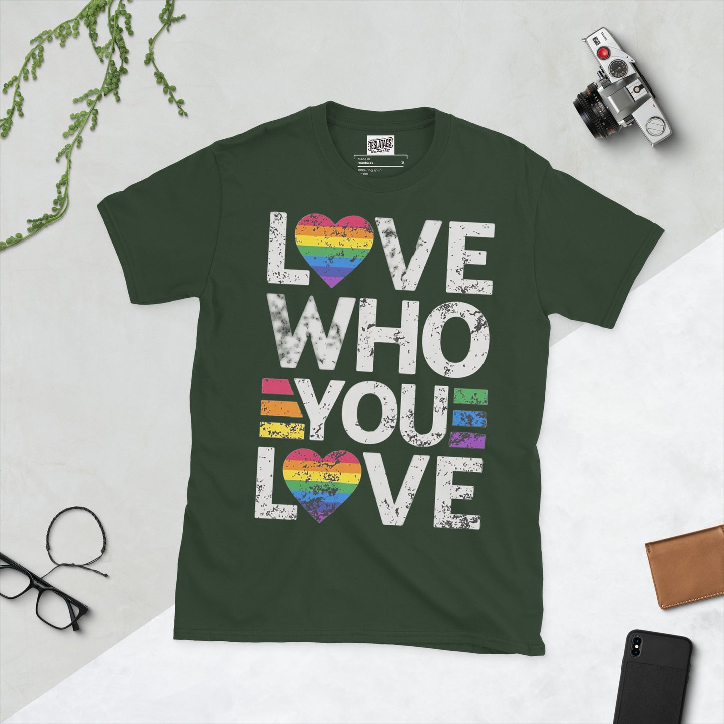 Pride month shirt forest green tee rainbow heart love who you love graphic front