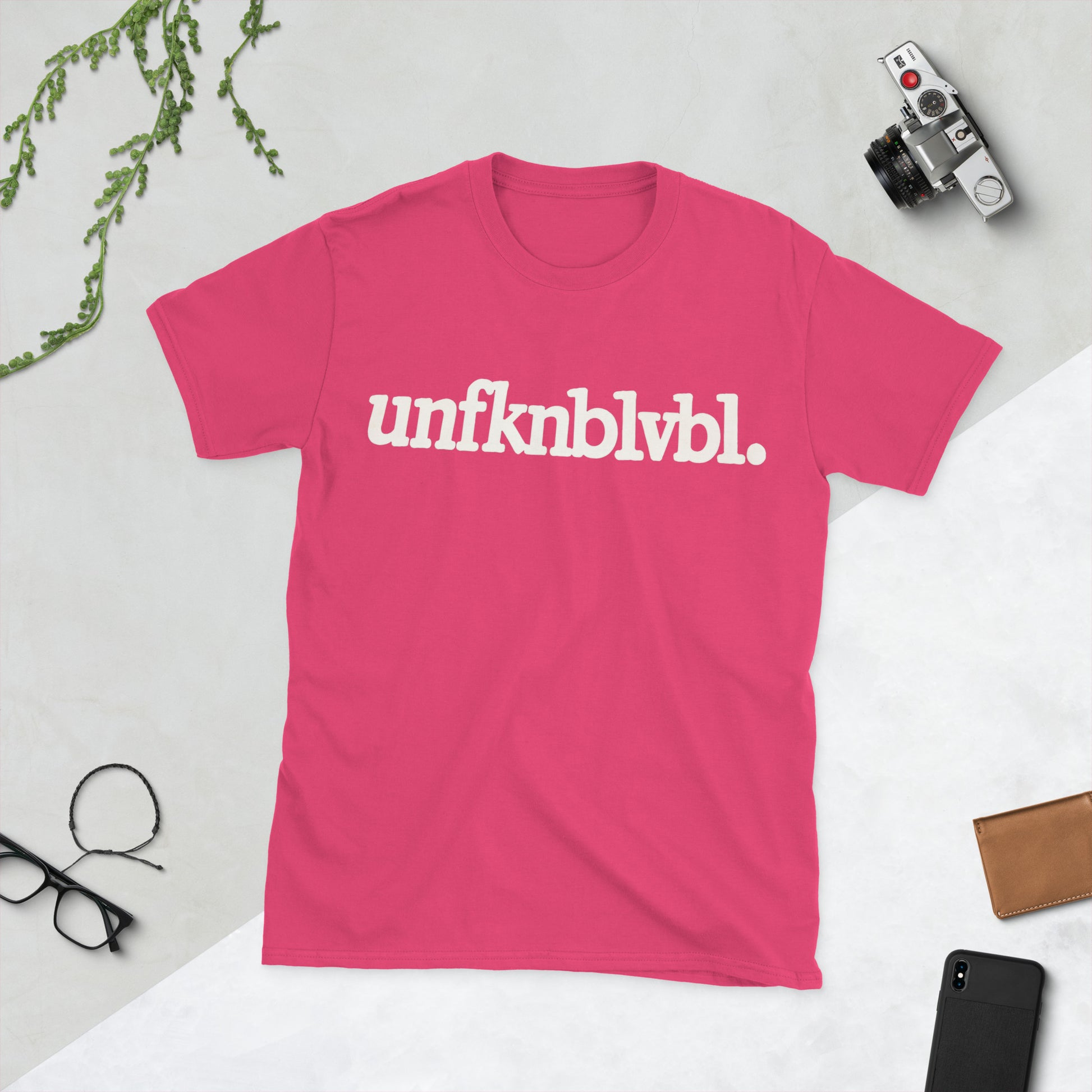 Unfknblvbl bold slang typography minimalist heliconia graphic t-shirt front view