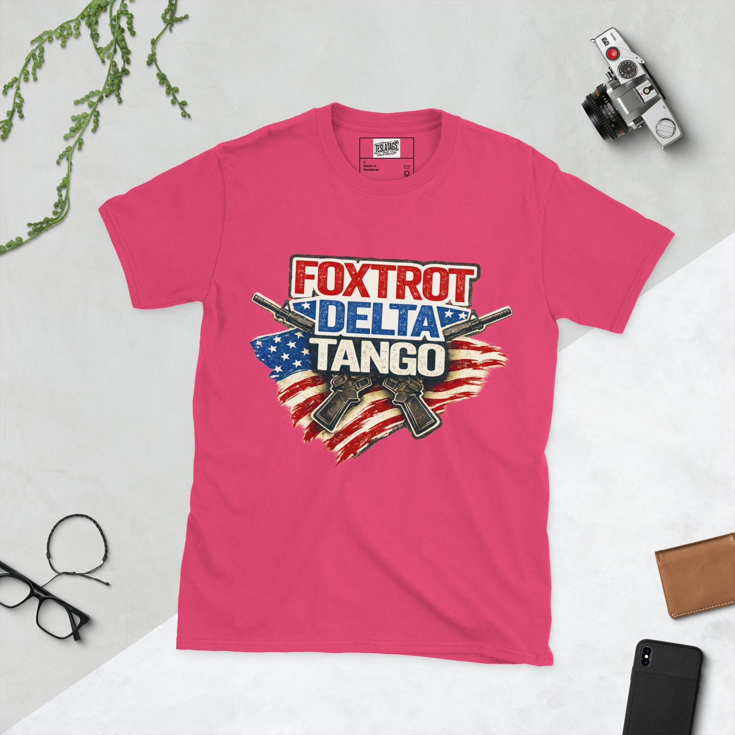 Foxtrot Delta Tango FDT crossed rifles distressed American flag political graphic t-shirt front view heliconia