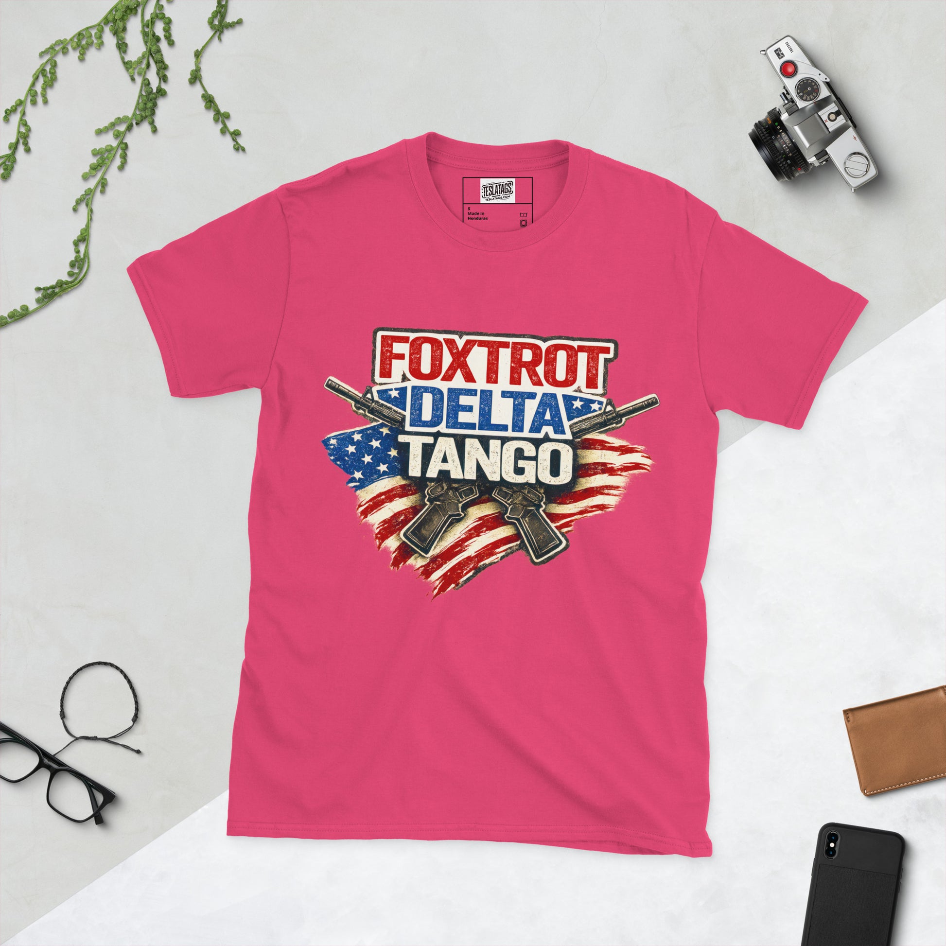 Foxtrot Delta Tango FDT crossed rifles distressed American flag political graphic t-shirt front view heliconia