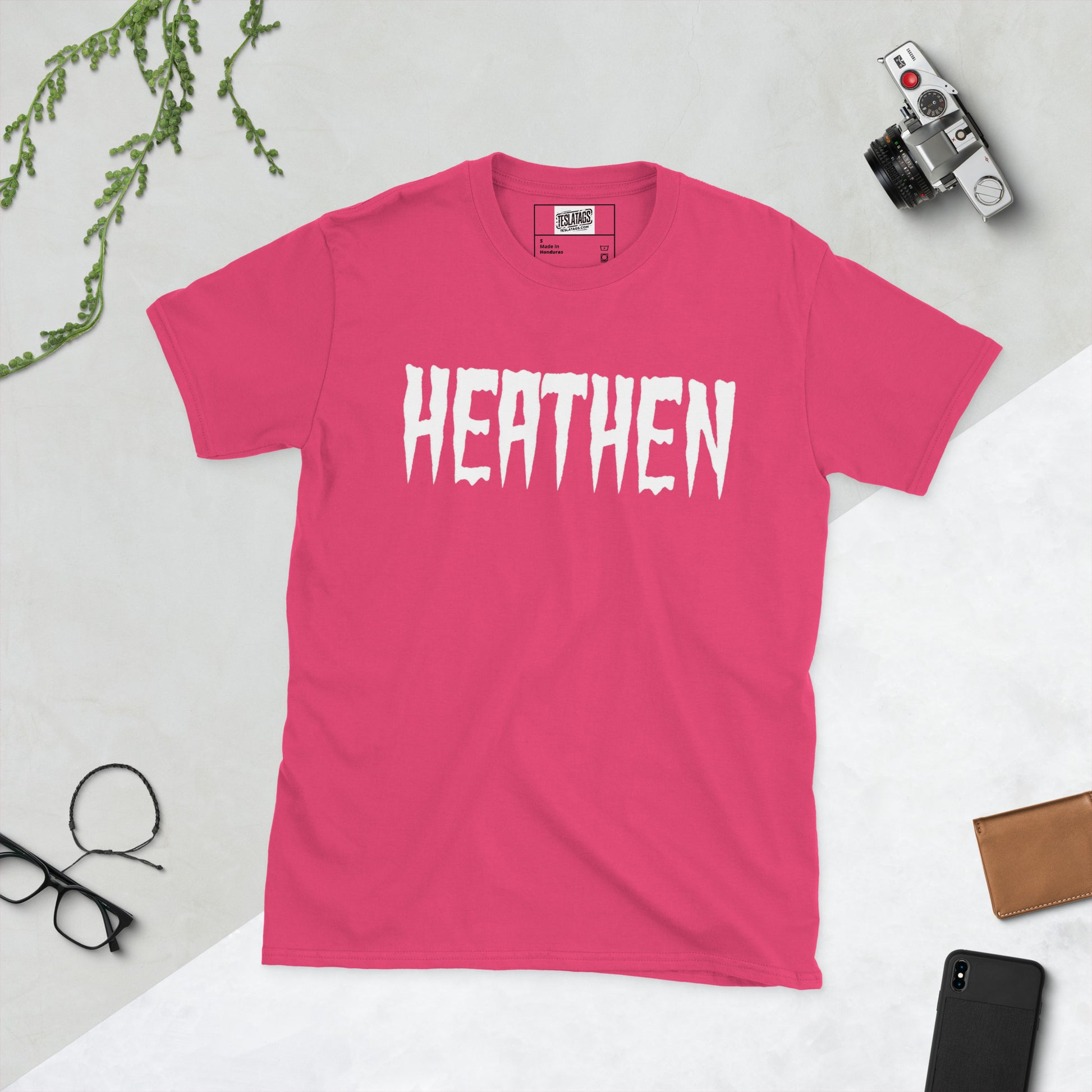 Heathen shirt heliconia pink graphic tee, dripping horror-style white lettering design, heliconia pink t-shirt product photo on plain background