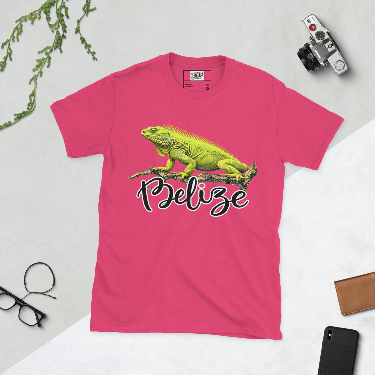 belize t-shirt, green iguana illustration, tropical wildlife graphic, iguana on branch design, hand-lettered script wordmark, reptile lover tee, travel destination shirt, vacation souvenir graphic, nature documentary style print, unisex crew neck shirt, heliconia