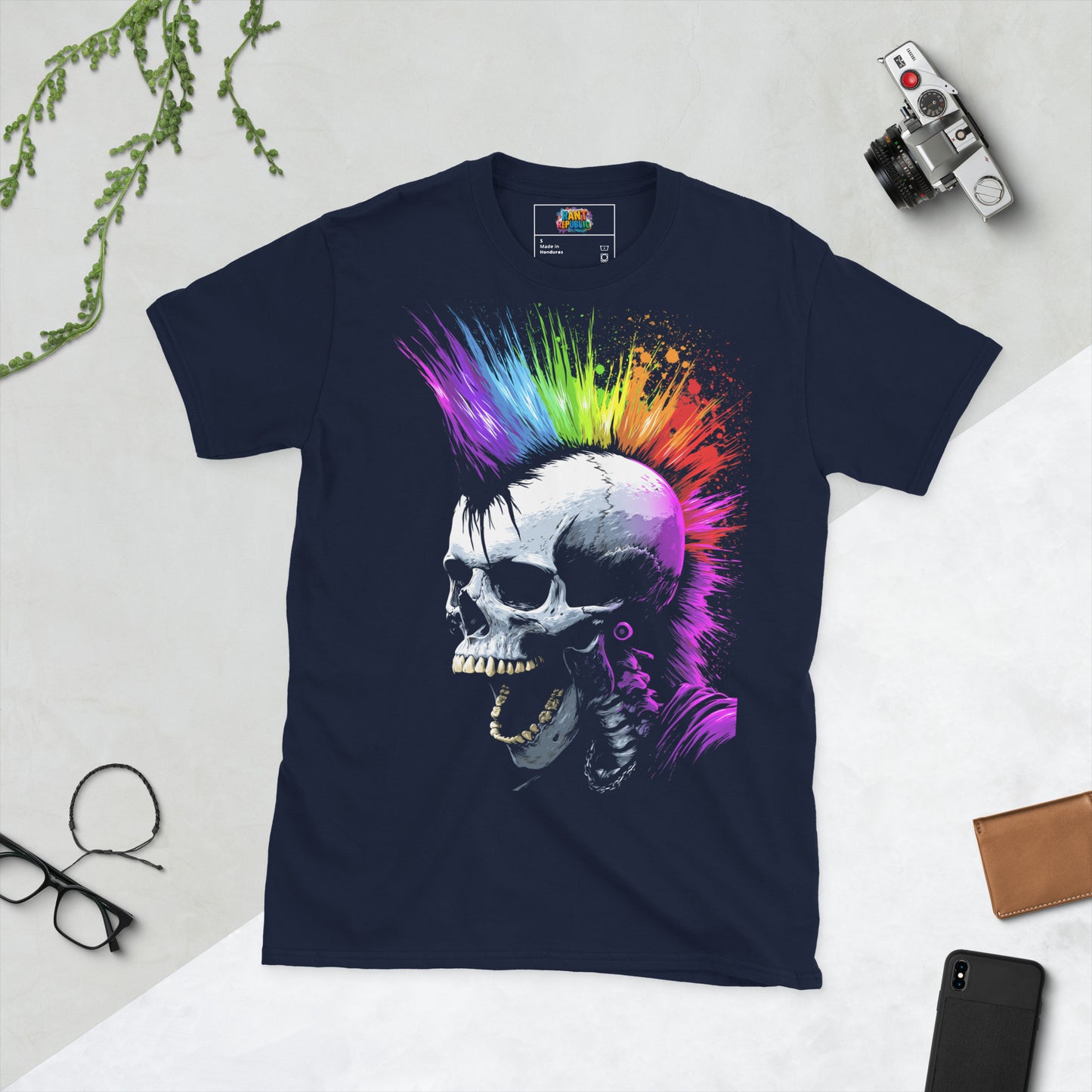 Punk skull skeleton shirt rainbow mohawk colorful graphic tee blue edgy dark art