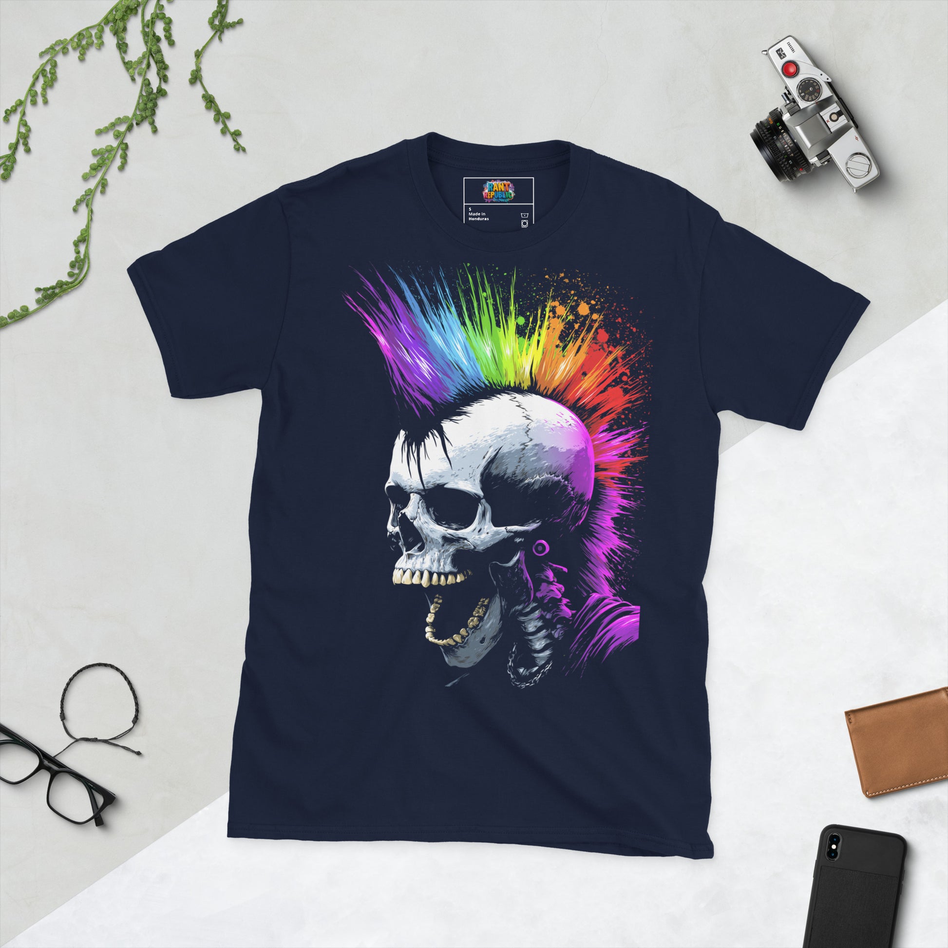 Punk skull skeleton shirt rainbow mohawk colorful graphic tee blue edgy dark art
