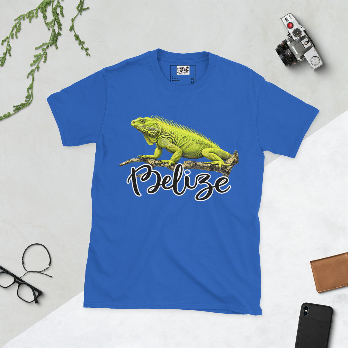 belize t-shirt, green iguana illustration, tropical wildlife graphic, iguana on branch design, hand-lettered script wordmark, reptile lover tee, travel destination shirt, vacation souvenir graphic, nature documentary style print, unisex crew neck shirt, royal