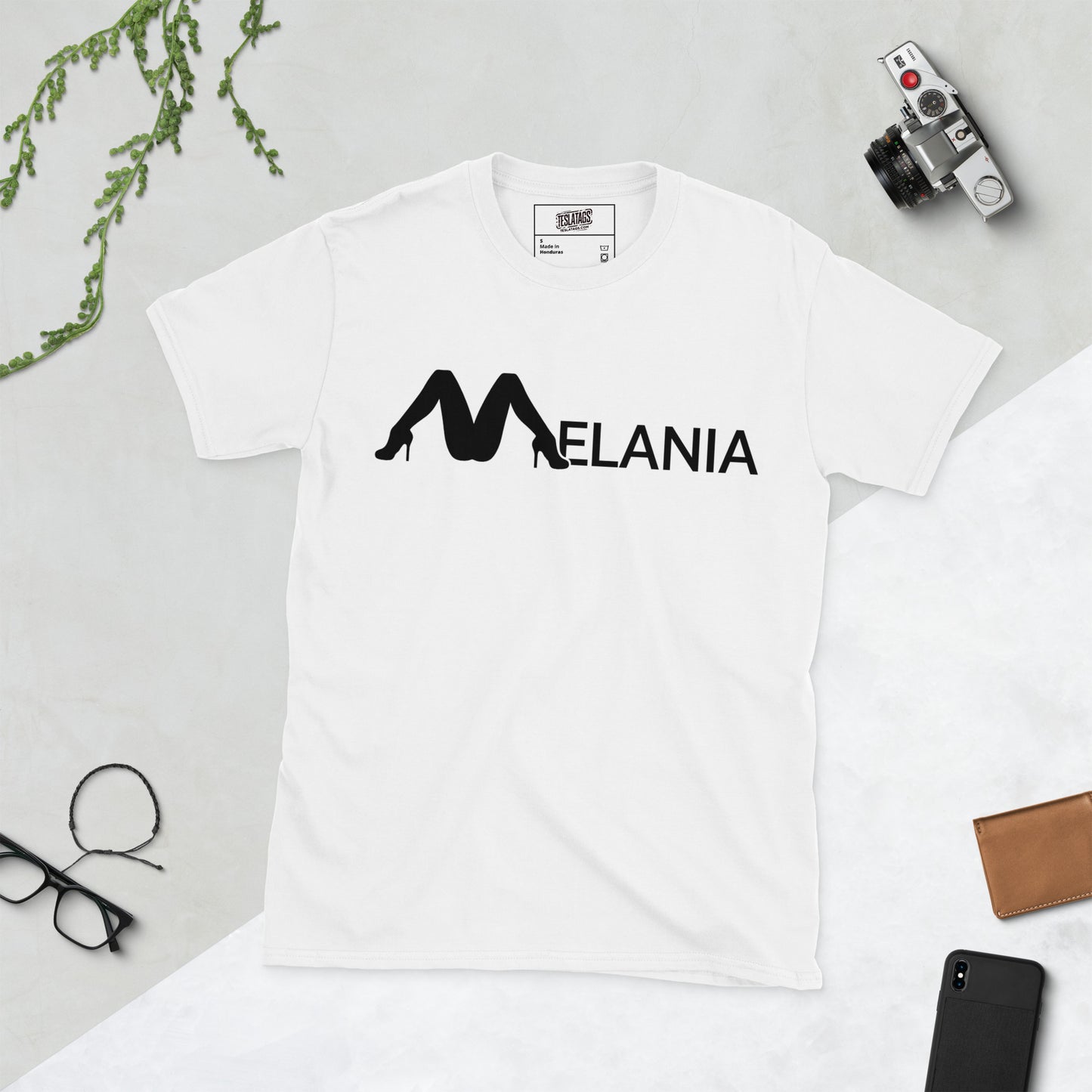 Melania Heels M stiletto logo graphic t-shirt front view white