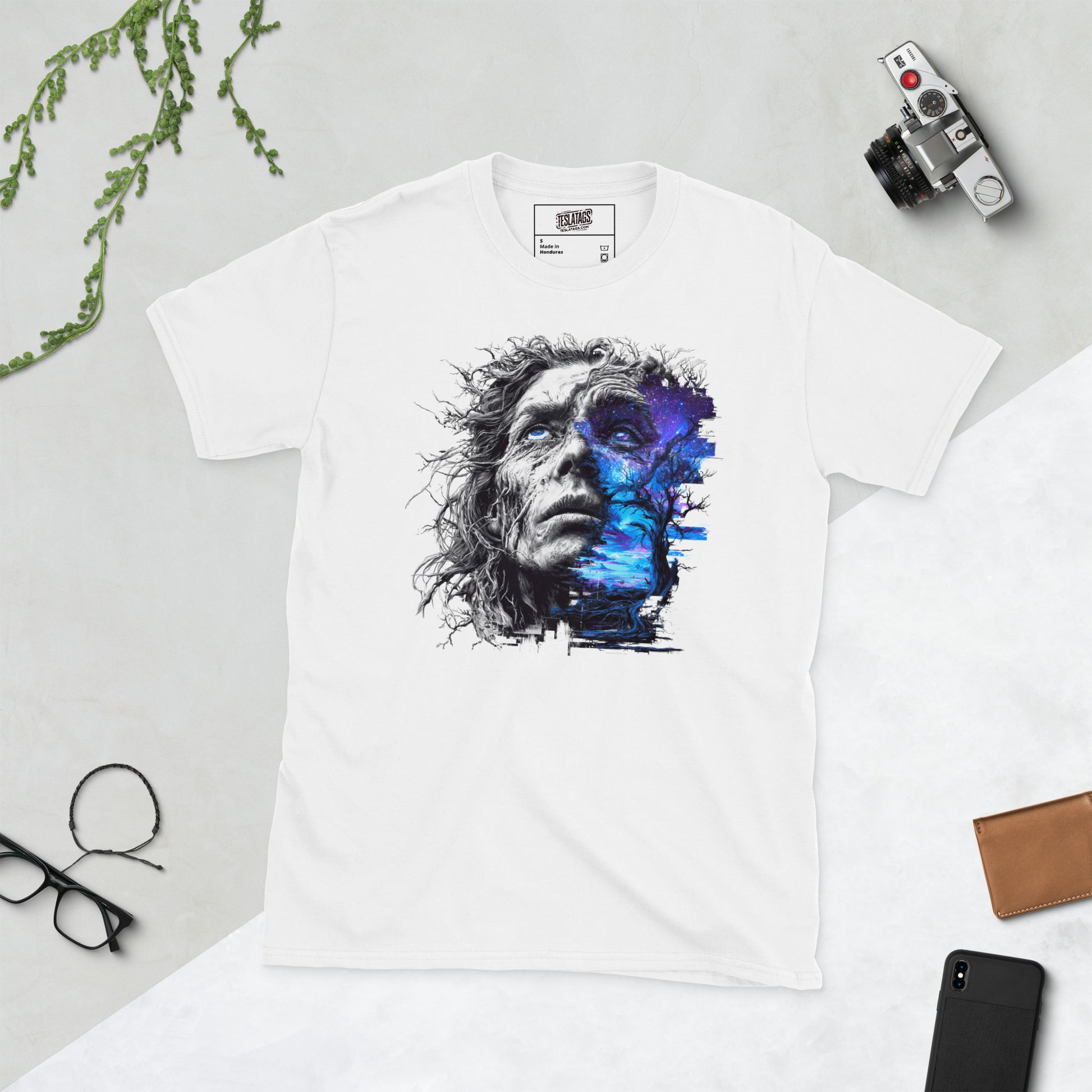 Roots of the Infinite cosmic blue purple double exposure portrait white graphic t-shirt front view
