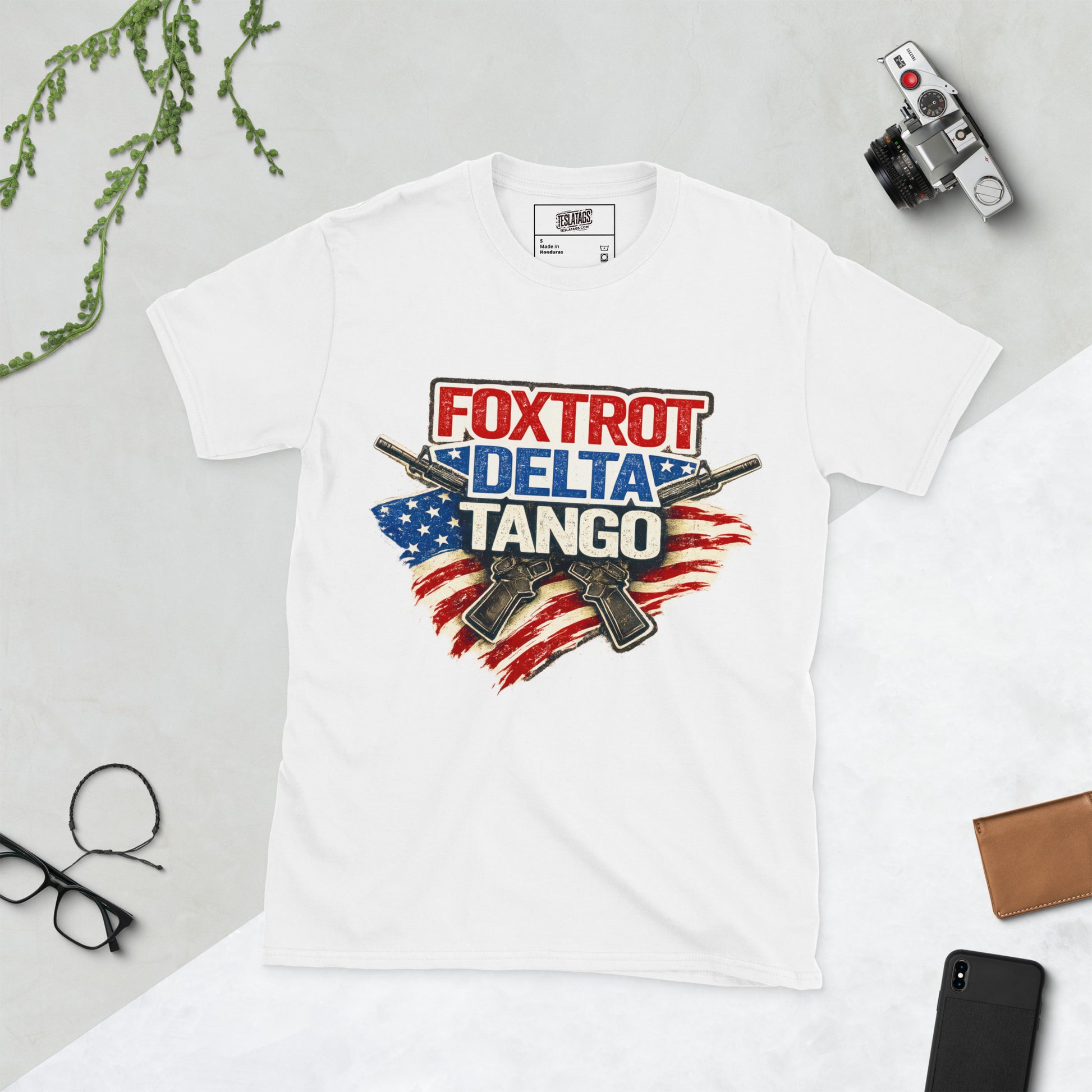 Foxtrot Delta Tango FDT crossed rifles distressed American flag political graphic t-shirt front view white