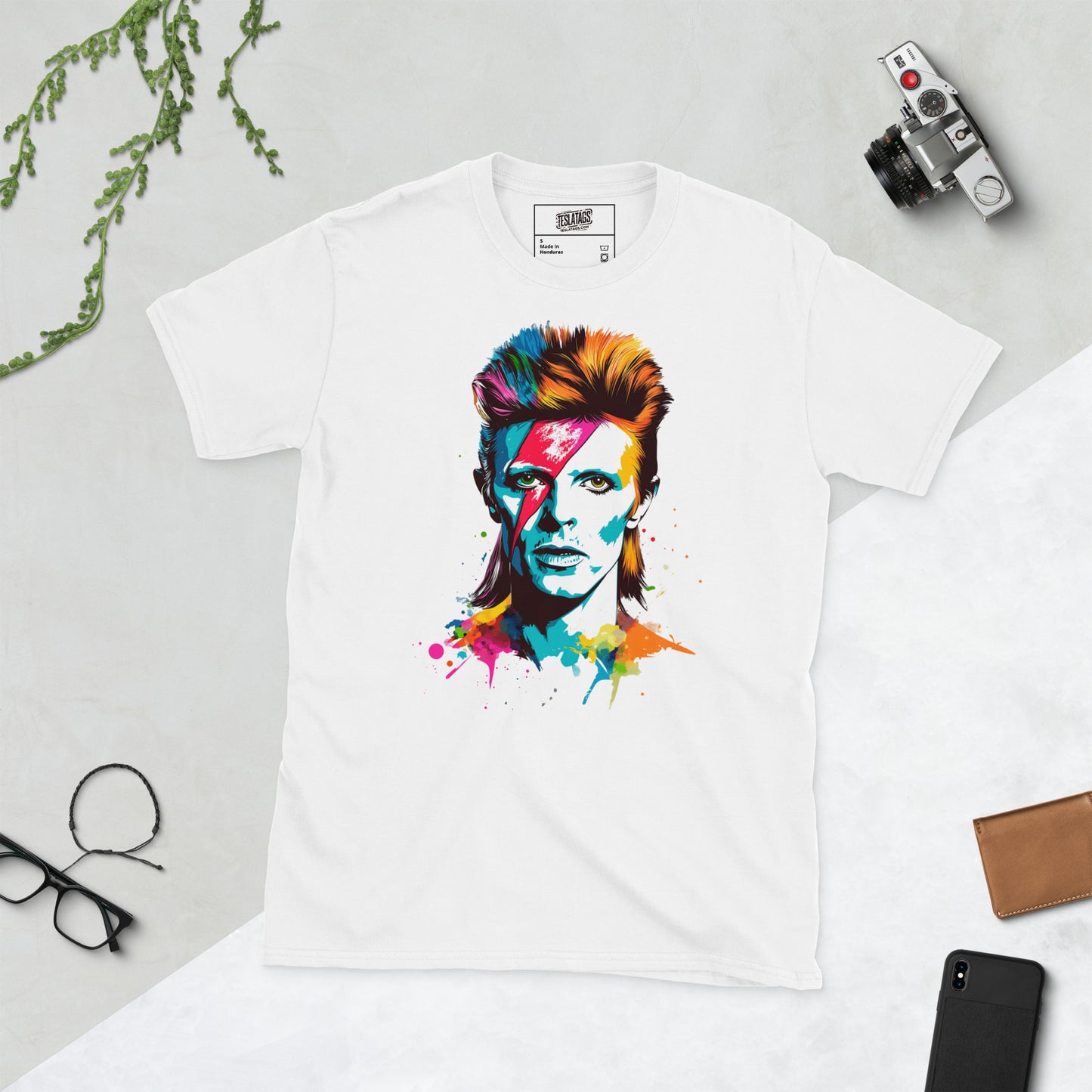David Bowie Ziggy Stardust pop art portrait teal orange pink paint splatter graphic t-shirt front view white