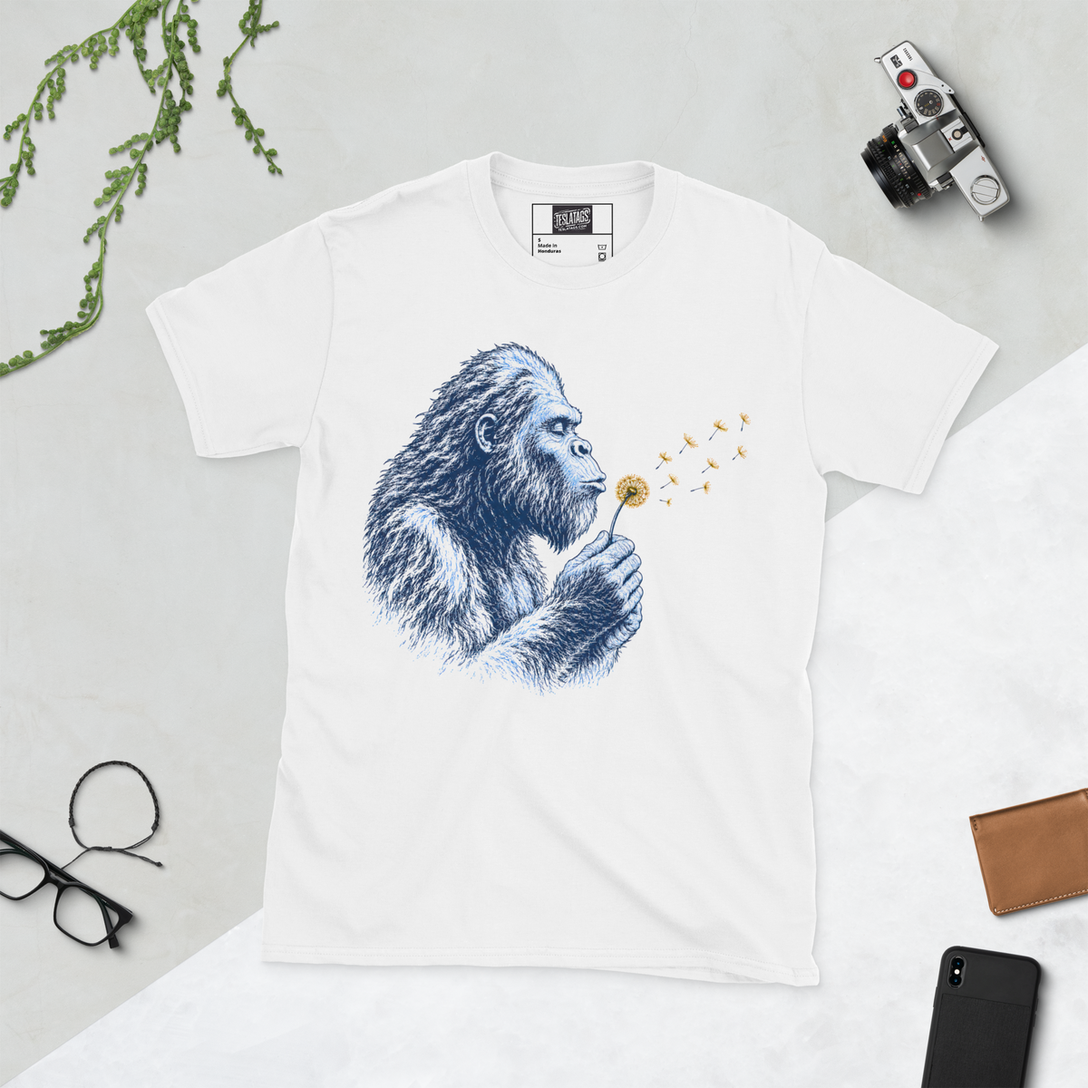Gorilla dandelion shirt black and white wildlife art gorilla blowing dandelion seeds graphic white tee nature lover animal art design
