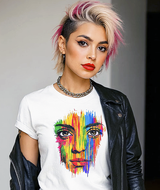ivid Reflections rainbow face portrait art graphic tee worn by punk female model with pink mohawk leather jacket red lips white t-shirt