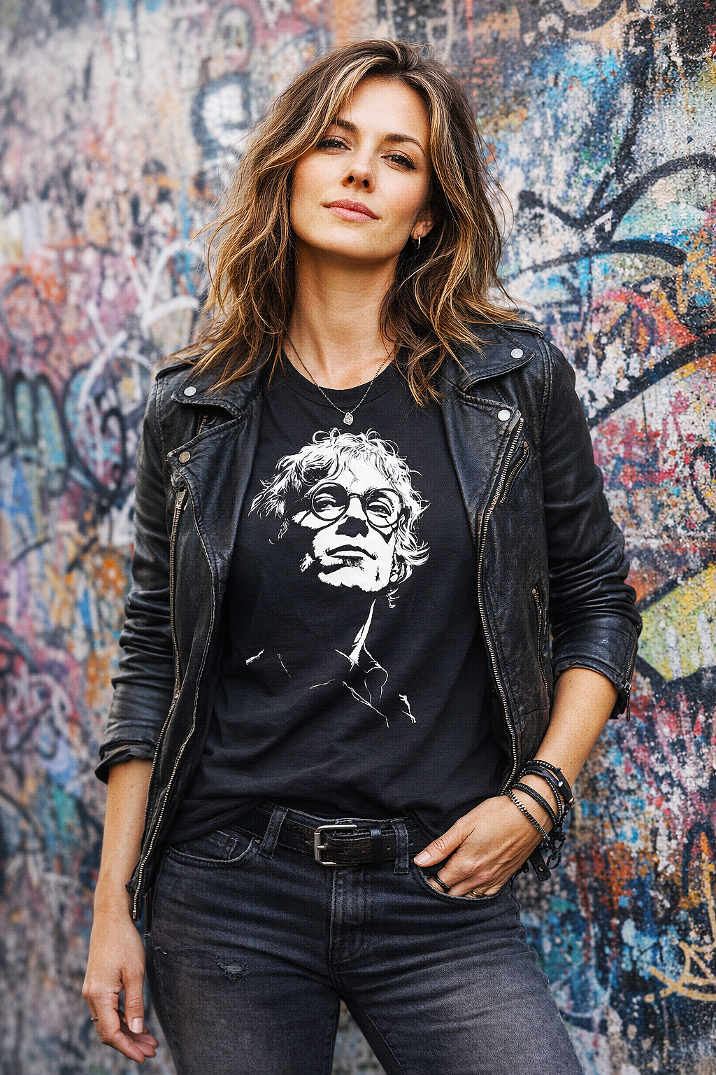 Warren Zevon Outsider rock legend portrait tee worn by female model in leather jacket against graffiti wall black t-shirt