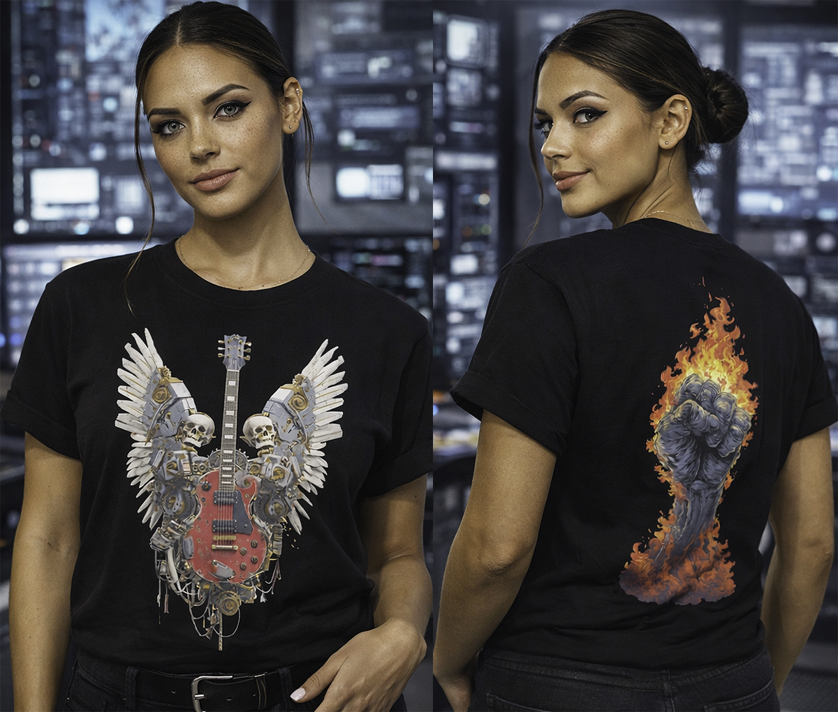 Winged Axe two sided rock tee front steampunk winged guitar skulls and back flaming raised fist worn by female model tech command center black t-shirt