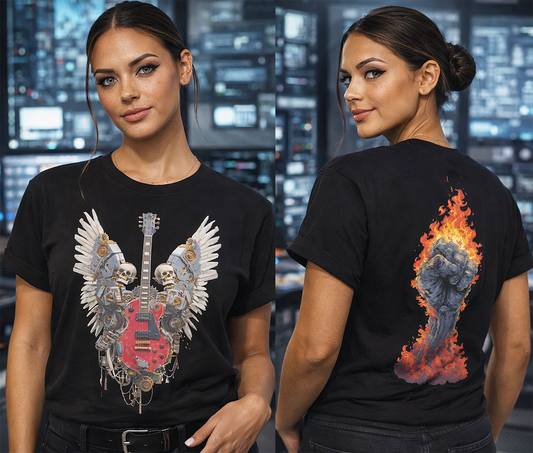 Winged Axe two sided rock tee front steampunk winged guitar skulls and back flaming raised fist worn by female model tech command center black t-shirt
