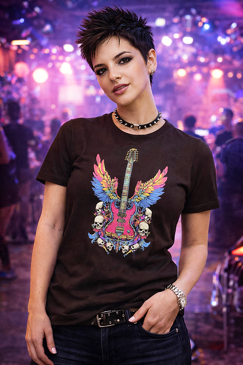 Winged Riffs Rebel Skulls guitar skull rock music graphic tee worn by punk female model with spiked hair at live music venue dark chocolate t-shirt