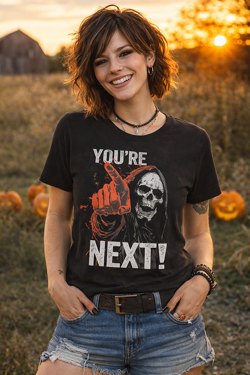 You're Next Grim Reaper horror graphic tee worn by female model in pumpkin field at golden hour sunset with jack-o-lanterns black t-shirt